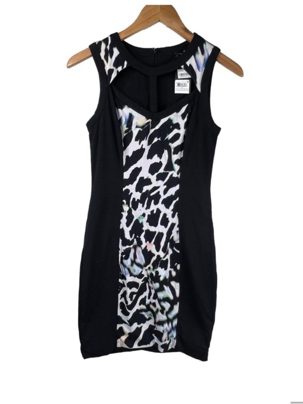 NWT Guess Black body-con Mini Dress with Monochrome Animal-Print Panel